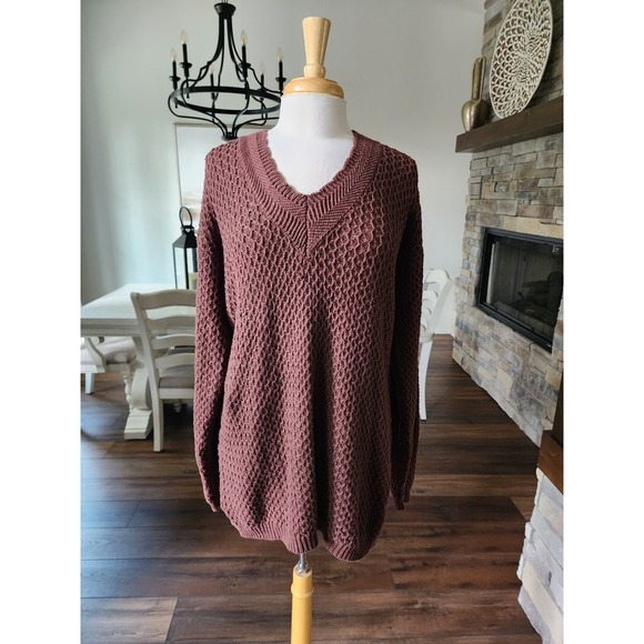 VTG 90s Copper Key Womens Large Knit V Neck Long Sleeve Tunic Sweater Top Chunky - Picture 1 of 10